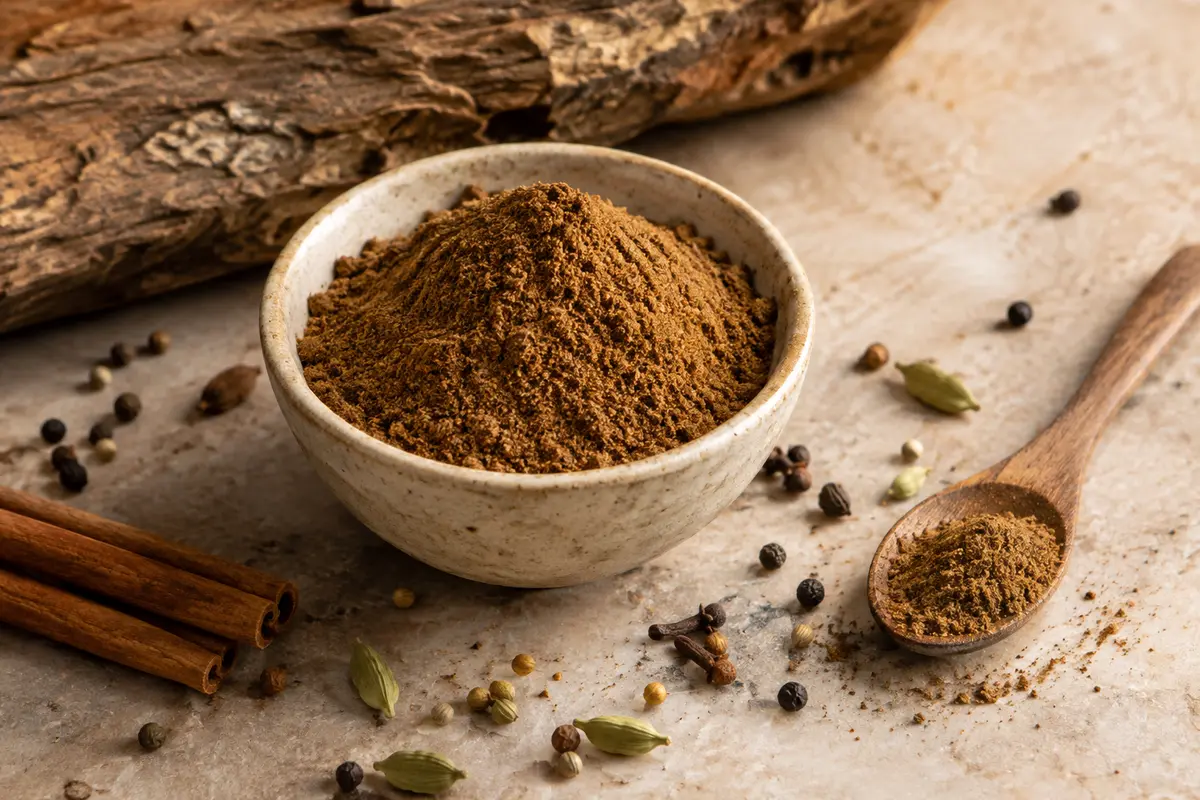 Garam masala en poudre brun présenté dans une coupelle de céramique sur une pierre claire.