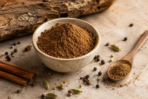 Garam masala en poudre brun présenté dans une coupelle de céramique sur une pierre claire.
