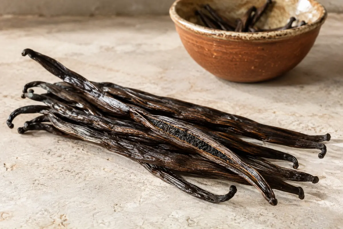 Gousses entières de vanille Bourbon de Madagascar, sombres et charnues, disposées sur une pierre claire.