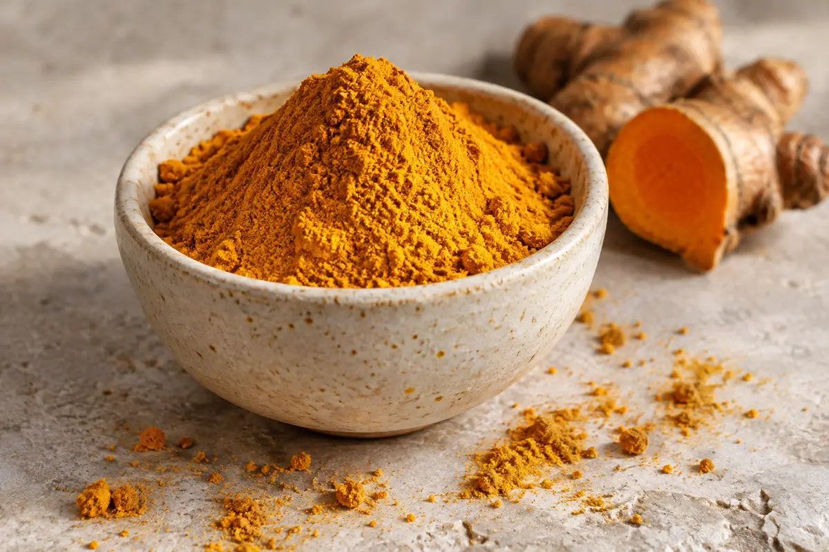 Poudre de curcuma jaune dans une coupelle en céramique posée sur une pierre claire, éclairée par une lumière naturelle.