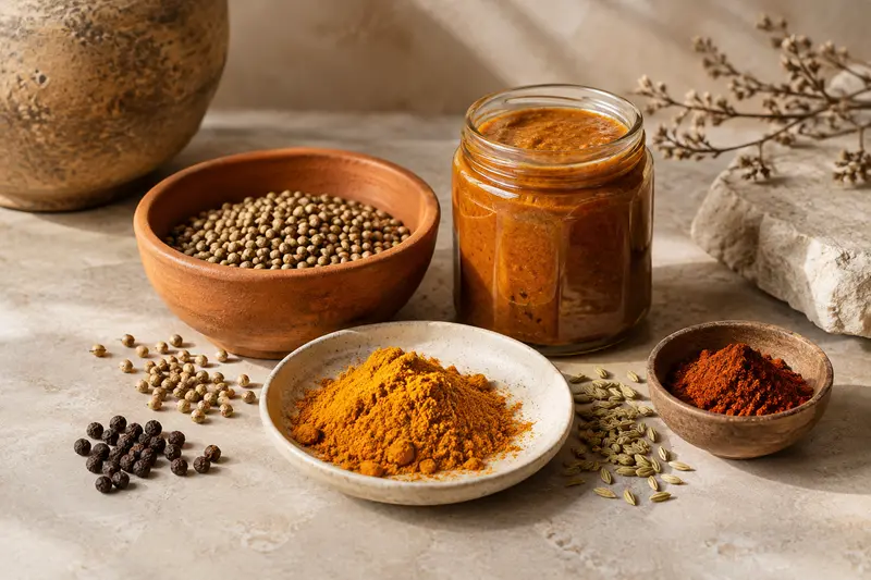 Graines, poudres d’épices et condiment présentés sobrement sur une surface minérale