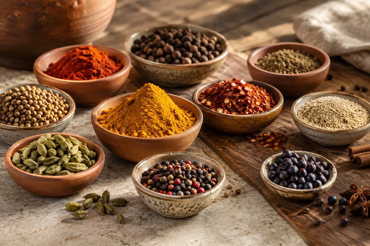 Épices brutes, graines et condiments réunis dans des bols en céramique sur une pierre claire